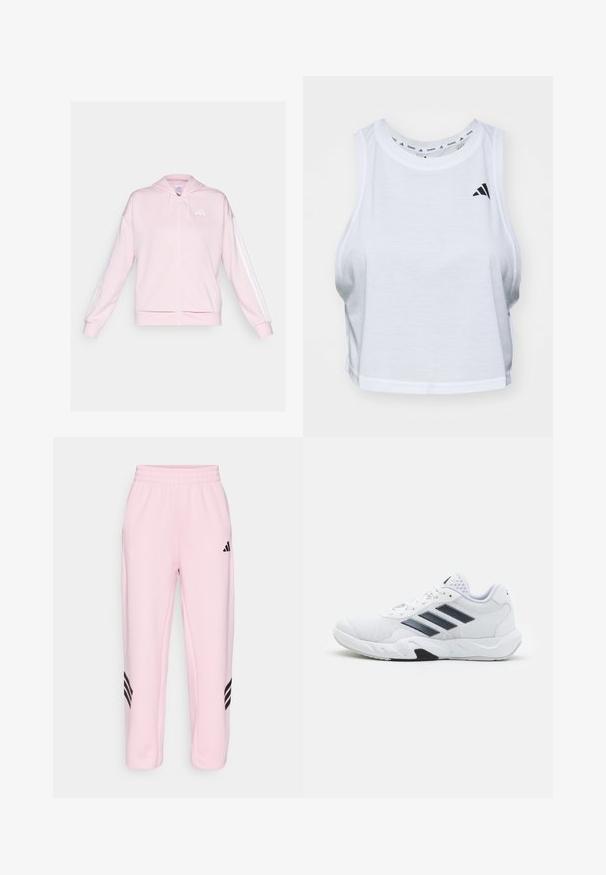 Ružičasta dukserica na zatvaranje s mekanim materijalom, koja ima kapuljaču sa vezicom, dva prednja džepa i bijele pruge duž rukava. Logo na prsima.; Bjela skraćena majica bez rukava izrađena od laganog materijala s okruglim izrezom. Sadrži crni logo s lijeve strane i glatku teksturu.; Roza atletska hlače s elastičnim pojasom, s crnim trostrukim detaljima sa strane i glatkom, laganom teksturom.; Bijela atletska cipela s mrežastim gornjim dijelom, tri crne pruge sa strane, strukturirani detalji i čvrst gumeni potplat s kontrastnim crnim dijelom.