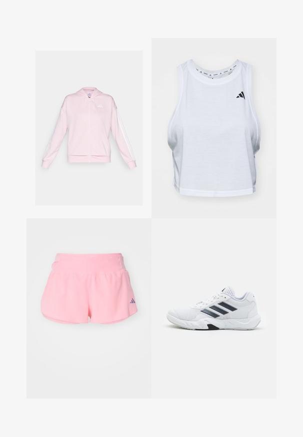 Roze zip-up hoodie van zachte stof, met een trekkoordcapuchon, twee vozakken en witte strepen langs de mouwen. Logo op de borst.; Witte cropped tanktop van lichte stof met een ronde hals. Heeft een zwart logo aan de linkerkant en een gladde textuur.; adidas Performance ADIZERO GEL - Korte broeken - semi pink spark; Witte sportieve schoen met een bovenwerk van mesh, drie zwarte strepen aan de zijkant, gestructureerde accenten en een stevige rubberen zool met een contrasterend zwart gedeelte.