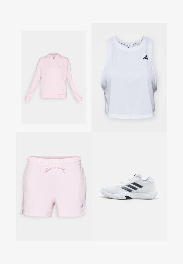 Rozā sporta jakas ar rāvējslēdzēju, kas izgatavota no mīkstas auduma, ar kapuci ar auklu, divām priekšējām kabatām un baltām svītrām gar piedurknēm. Logo uz krūtīm.; Balts īsais topiņš ar vieglu audumu un apaļu kakla izgriezumu. Uz kreisās puses ir melns logs un gluda tekstūra.; Gaiši rozā kokvilnas šorti ar elastīgu jostasvietu, kuriem ir aukliņa. Ir sānu spraugas un neliela purpura krāsas logo detaļa.; Baltā sporta apavi ar sietu augšdaļu, trīs melnām svītrām sānos, teksturētām akcentiem un izturīgu gumijas zoli ar kontrastējošu melnu daļu.