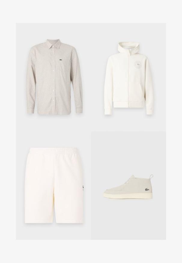 Felpa con zip di colore crema chiaro, dotata di tasca frontale, polsini a coste e un logo circolare sul lato sinistro del petto, caratterizzata da una texture di tessuto morbido.; Camicia a maniche lunghe a quadri in beige chiaro e marrone, realizzata in cotone, con colletto button-down e un piccolo logo del marchio sul petto.; Pantaloni corti color crema con vita elastica, realizzati in tessuto morbido, con un piccolo logo sulla parte inferiore della gamba sinistra.; Stivali alla caviglia in suede grigio chiaro con punta rotonda, suola in gomma bianca e un sottile dettaglio del logo sul lato. Presentano una chiusura con lacci.