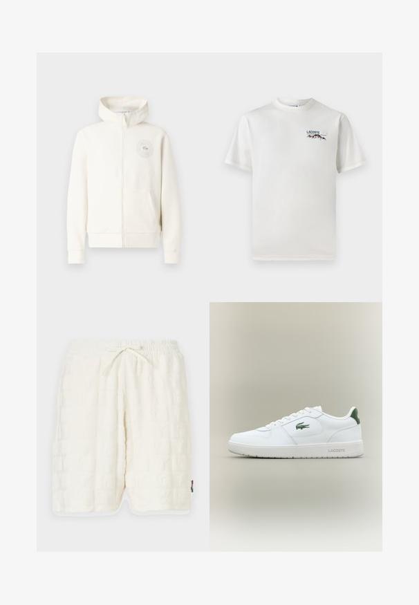 Light cream zip-up hoodie with a front pocket, ribbed cuffs, and a circular logo on the left chest, featuring soft fabric texture.; White cotton T-shirt with a round neckline, short sleeves, and a small embroidered logo featuring mountains and text on the left chest.; White textured shorts with an embossed pattern. Elastic waistband with a drawstring. Side pockets and contrasting trim at the hem.; White leather sneaker with a smooth finish, green accents on the heel, and a green logo on the side. Features a flat sole and round toe.