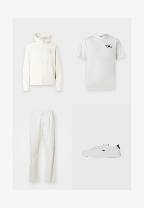 Svetlá krémová mikina na zips s prednou kapsou, rebrovanými manžetami a kruhovým logom na ľavej hrudi, s jemnou textúrou látky.; Biela bavlnená tričko s okrúhlym výstrihom, krátkymi rukávmi a malou vyšívanou nášivkou s motívom hôr a textom na ľavej hrudi.; Biele bavlnené nohavice s elastickým pásom a rovnou nohou, s hladkou textúrou a bez viditeľných vzorov alebo akcentov.; Biele kožené tenisky s okrúhlou špičkou, šnurovaním vpredu a čiernym akcentom na päte. Obsahujú malé vyšívané logo krokodíla na boku.