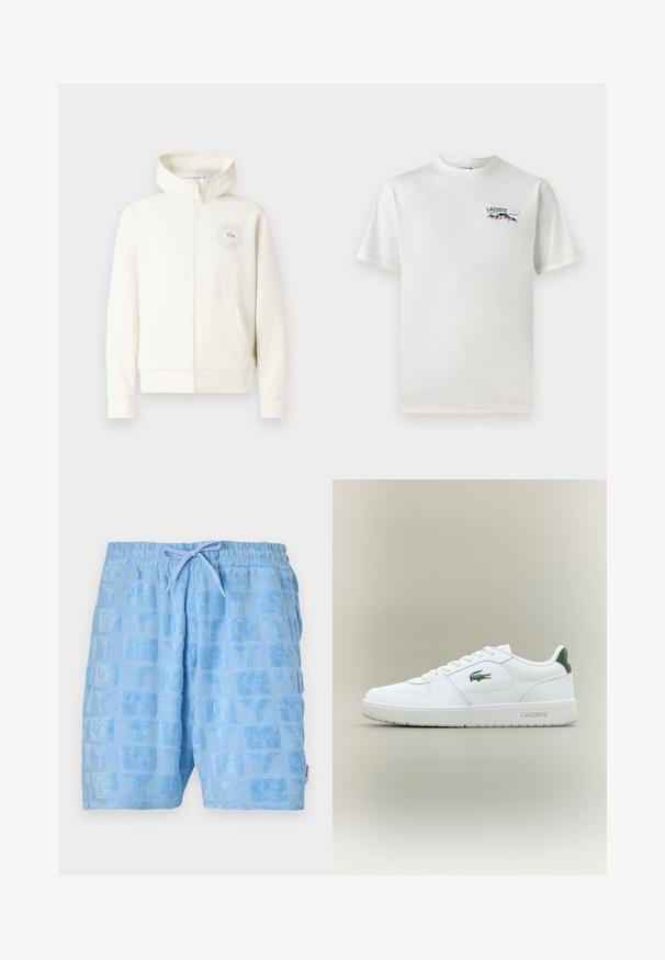 Lyscremet zip-up hættetrøje med en frontlomme, ribbede mansjetter og et cirkulært logo på venstre bryst, der har en blød stoftekstur.; Hvid bomulds-T-shirt med rund halsudskæring, korte ærmer og et lille broderet logo med bjerge og tekst på venstre bryst.; Lyseblå shorts lavet af struktureret stof med et mønster af firkanter med forhøjede designs. Elastisk taljebånd med snor.; Hvide lædersneakers med en glat overflade, grønne accenter på hælen og et grønt logo på siden. Har en flad sål og rund tå.