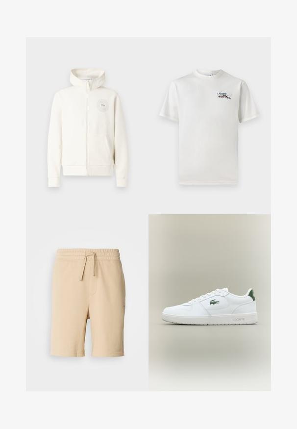 Sudadera con cremallera de color crema claro, con un bolsillo frontal, puños acanalados y un logotipo circular en el lado izquierdo del pecho, que presenta una textura de tela suave.; Camiseta de algodón blanca con cuello redondo, mangas cortas y un pequeño logotipo bordado que presenta montañas y texto en el lado izquierdo del pecho.; Bermudas de mezcla de algodón beige con cintura elástica, detalle de cordón, bolsillo lateral y corte recto. Textura suave y diseño sencillo.; Zapatilla de cuero blanca con un acabado suave, acentos verdes en el talón y un logotipo verde en el lateral. Presenta una suela plana y una puntera redonda.