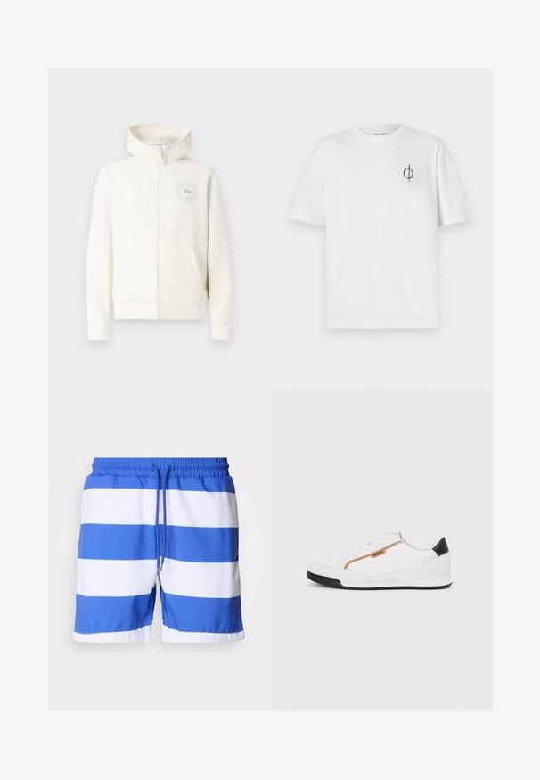 Light cream zip-up hoodie with a front pocket, ribbed cuffs, and a circular logo on the left chest, featuring soft fabric texture.; White cotton t-shirt with a relaxed fit, featuring a small black graphic logo on the left chest area. Short sleeves, crew neck style.; Blue and white striped swim shorts made of lightweight fabric, featuring an elastic waistband with a drawstring and a smooth texture.; White athletic shoes with mesh and leather accents. Features a gold "BOSS" logo, textured side panels, and a black heel cap. Rubber sole.