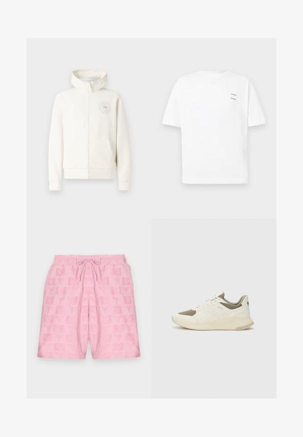 Lyscremet zip-up hættetrøje med en frontlomme, ribbede mansjetter og et cirkulært logo på venstre bryst, der har en blød stoftekstur.; Hvid bomulds t-shirt med en afslappet pasform, korte ærmer og V-udskæring. Har to små sorte trykte logoer på venstre side.; Lyserøde shorts med elastisk talje og snor; har et tekstureret mønster af logoer og symboler over stoffet.; Hvide og lyse beige sportssko med en mesh-overdel, perforerede detaljer og en tekstureret mellemsål med branding på hælen.