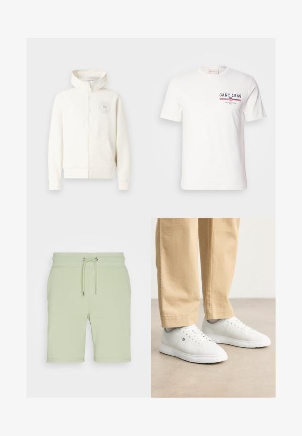 Lyscremet zip-up hættetrøje med en frontlomme, ribbede mansjetter og et cirkulært logo på venstre bryst, der har en blød stoftekstur.; Hvid bomulds T-shirt med korte ærmer, der har "GANT 1949" logo i marineblå og rød samt vandrette røde og blå stribede detaljer.; GANT REG SHIELD - Træningsbukser - milky matcha; Hvide lædersneakers med glat overflade, rund tå, snørebåndsdesign og diskret logodetalje på siden, parret med beige bukser.