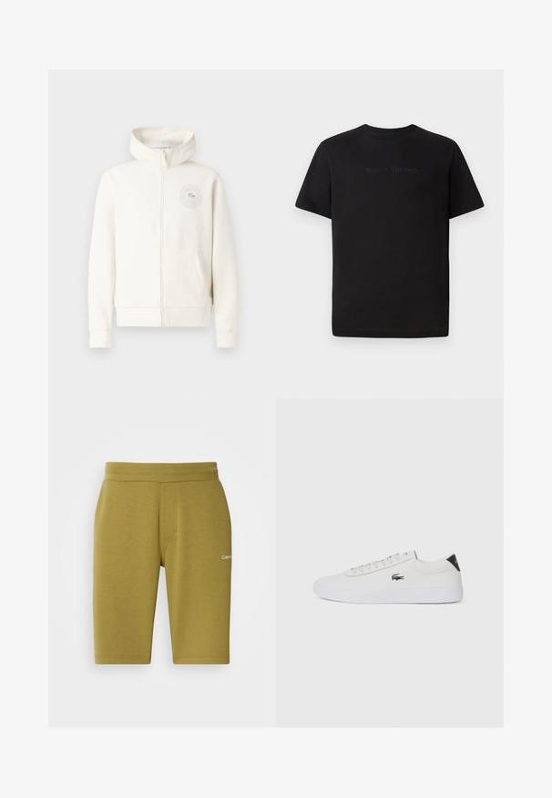 Sweat à zip crème clair avec une poche frontale, des poignets côtelés et un logo circulaire sur la poitrine gauche, doté d'une texture de tissu douce.; Lacoste T-shirt basique - black; Shorts vert olive en mélange de coton doux, avec une texture lisse, une taille élastique et un logo discret sur le côté gauche.; Baskets en cuir blanc avec bout rond, devant à lacets et accent en cuir noir au talon. Présente un petit logo de crocodile brodé sur le côté.