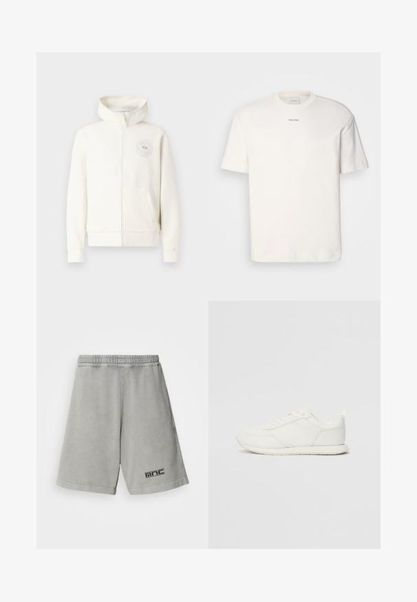 Light cream zip-up hoodie with a front pocket, ribbed cuffs, and a circular logo on the left chest, featuring soft fabric texture.; White cotton T-shirt featuring a round neck, short sleeves, and embroidered "Calvin Klein" logo at the chest center. Plain design.; Light gray cotton shorts with an elastic waistband, featuring a black logo on the lower left side and a smooth, plain texture.; White sneaker with a mesh and synthetic upper, round toe, flat laces, and a textured side stripe. Rubber sole with a pull tab at the back.