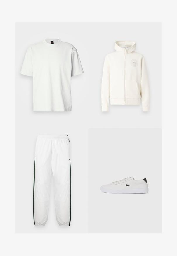 Světlý krémový zipový svetr s přední kapsou, ribovanými manžetami a kruhovým logem na levé hrudi, s jemnou texturou látky.; Bílý bavlněný tričko s kulatým výstřihem a krátkými rukávy. Má rovný střih a diskrétní značkovou etiketu na krku.; Bílé tepláky s tmavě zelenými postranními panely. Lehký materiál, elastický pas a stahované lemy. Obsahují síťovanou texturu na postranních panelech.; Bílé kožené tenisky s kulatou špičkou, šněrováním vpředu a černým akcentem na patě. Na boku se nachází malé vyšívané logo krokodýla.