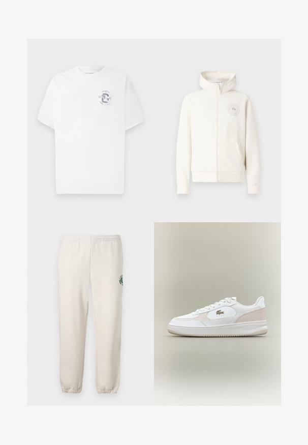 Helle cremefarbene Zip-Hoodie mit einer Vordertasche, gerippten Bündchen und einem kreisförmigen Logo auf der linken Brust, aus weichem Stoff gefertigt.; Weißes T-Shirt mit kurzen Ärmeln und Rundhalsausschnitt, das auf der linken Brust ein kleines blaues Grafikdesign trägt mit der Aufschrift "Los Angeles CA 1981 Track & Field".; Helle beige Sweatpants aus Baumwolle mit einem elastischen Bund, gerippten Bündchen und einem grünen Logo mit Blattdesign am linken Bein.; Weiße Sneaker mit glattem Lederobermaterial, Wildlederakzenten und Gummisohle. Verfügt über ein geprägtes Logo und ein Schnürdesign. Minimalistische Ästhetik.