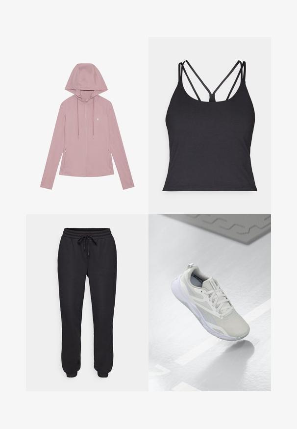 Light pink zip-up hoodie with a hood, raglan sleeves, front pockets, and drawstrings. Smooth texture and subtle logo on the chest.; Black tank top featuring thin straps with a crisscross design at the back. Made from soft, stretchy material with a fitted silhouette.; Black sweatpants made of soft material, featuring an elastic waistband with a drawstring, side pockets, and elastic cuffs at the ankles.; White athletic shoe with a mesh upper, padded tongue, and a white rubber sole. Notable accents include light gray detailing and pull tab.