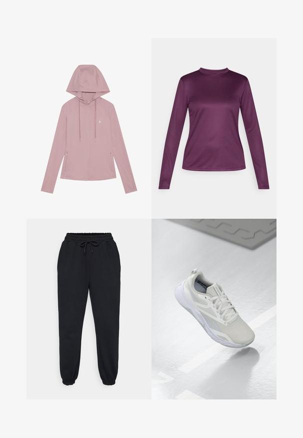 Vaaleanpunainen vetskarihuppari, jossa on huppu, raglanhihat, etutaskut ja nyörit. Sileä pinta ja hillitty logo rinnassa.; Pitkähihainen toppi, joka on valmistettu sileästä, joustavasta purppuranvärisestä kankaasta. Siinä on matala korkea kaulus, vartalonmyötäinen istuvuus ja tasaiset saumat.; Mustat verkkarit, jotka on valmistettu pehmeästä kankaasta, sisältävät joustavan vyötärönauhan narulla, sivutaskut ja joustavat hihnat nilkoissa.; Valkoinen urheilukenkä, jossa on verkkopinta, pehmustettu kieli ja valkoinen kumipohja. Huomattavat yksityiskohdat sisältävät vaaleanharmaita korostuksia ja vetoketjun.