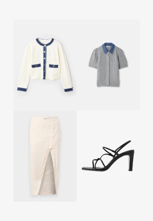 Gilet court couleur crème avec une finition en denim bleu, quatre poches avant et boutons en argent. Tissu doux avec une texture.; Cardigan gris en tricot à manches courtes avec un motif en treillis, doté d'un col en denim et de cinq boutons dorés sur le devant.; Jupe midi en lin beige avec une fente devant, dotée d'une fermeture à bouton sur le côté gauche et d'une poche, texture lisse.; Sandales noires à talons avec des fines lanières, une finition texturée, bout ouvert et un design de talon pointu et élégant. Équipées d'une semelle intérieure lisse et d'une surface brillante.