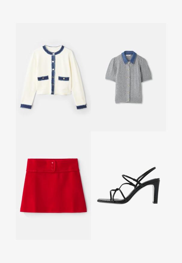 Krém színű, rövidített kardigán kék farmer díszítéssel, négy elülső zsebbel és ezüst gombokkal. Puha anyag, texturált felülettel.; Szürke kötött rövid ujjú kardigán, kábelmintával, denevérszárnyú gallérral és öt arany gombbal az elején.; Simára szabott, piros szoknya sima anyagból, széles derékrésszel, három rózsaszín gombbal és hemzsegő alsó szélekkel.; Fekete magassarkú szandál vékony pántokkal, texturált felsőrésszel, nyitott orral és karcsú, hegyes sarkú kialakítással. Simább talpbélével és fényes felületével rendelkezik.