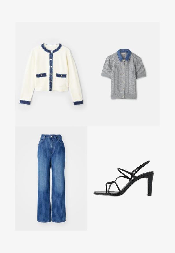 Krämfärgad kort cardigan med blå denimdetaljer, fyra framfickor och silverknappar. Mjuk tyg med en texturerad finish.; Grå stickad kortärmad cardigan med ett flätmönster, med en denimkrage och fem guldfärgade knappar fram.; Blå denim wide-leg jeans med vertikala vita ränder, hög midja och femficksdesign, med knapp- och dragkedjestängning.; Svarta klacksandaler med tunna remmar, en strukturerad yta, öppen tå och en elegant, spetsig klackdesign. Har en slät innersula och en glänsande yta.