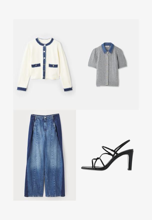 Kermanvärinen lyhyt neuletakki, jossa on sininen farkkireuna, neljä etutaskua ja hopeiset napit. Pehmeä kangas tekstuuripinnalla.; Harmaa neulottu lyhythihainen kardigan, jossa on kaapelikuvio, denimikaulus ja viisi kultanappia edessä.; Denim leveled leggin, joka sisältää kaksivärisen muotoilun vaaleansinisen ja tummansinisen sävyn, etupleikkeet ja nappisuljenta vyötäröllä.; Mustat korkokengät avonaisilla varpailla, ohuilla remmeillä, teksturoidulla pinnalla ja tyylikkäällä, teräväkärkisellä korolla. Sisältää sileän sisäpohjan ja kiiltävän pinnan.