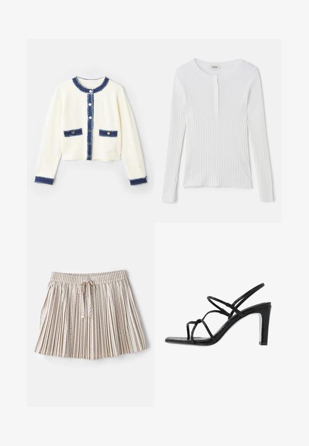 Cream-colored cropped cardigan with a blue denim trim, four front pockets, and silver buttons. Soft fabric with a textured finish.; White long-sleeve ribbed top featuring a round neckline and a row of small buttons down the front. Smooth texture with fitted design.; sandro JUPE SAME FIT - Pleated skirt - kaki/rose; Black heeled sandals with thin straps, a textured finish, open toe, and a sleek, pointed heel design. Features a smooth insole and a shiny surface.