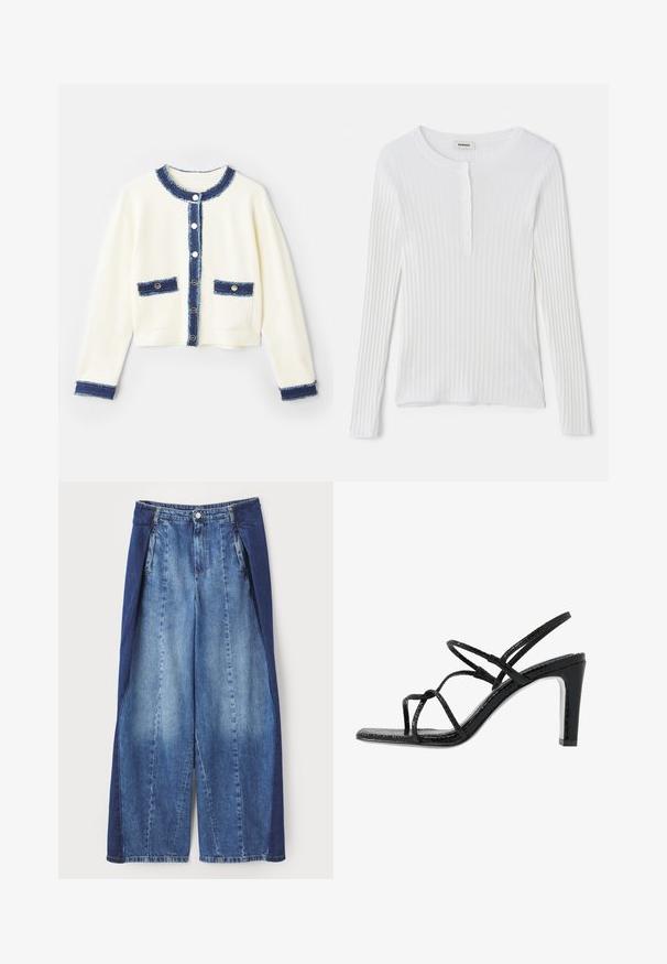 Krēmkrāsas saīsināts kardigāns ar zilu denima apdari, četriem priekšējiem kabatām un sudraba pogām. Mīksta auduma ar teksturētu apdari.; Balta garās piedurknes ribota krekla augša ar apaļu kakla izgriezumu un rindas mazu poga priekšā. Gluda tekstūra ar pieguļošu dizainu.; Džinsa platā kāja bikses ar divu toņu dizainu, sastāv no gaiši un tumši zilām krāsām, priekšējām krokām un pogu aizdari jostasvietā.; Melnas papēžu siksniņas ar plānām siksnām, teksturētu apdari, atvērtu purngalu un elegantu, smailu papēdi. Iezīmē gludu iekšējo daļu un spīguļojošu virsmu.