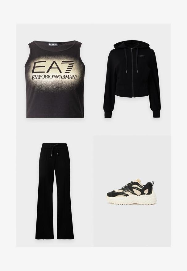 Cutting-edge black zip-up hoodie, made of soft fabric, featuring a hood, slightly cropped design, and ribbed cuffs with logo detail.; Black sleeveless crop top made of smooth cotton with a gold gradient logo "EA7 EMPORIO ARMANI" prominently displayed at the center.; Black wide-leg sweatpants with a drawstring waistband, side slit accents, soft fabric, and a sleek design.; Black and cream sneakers with a textured sole, mesh panels, and brand text accents. Round toe and lace-up design. Adjustable heel tab.