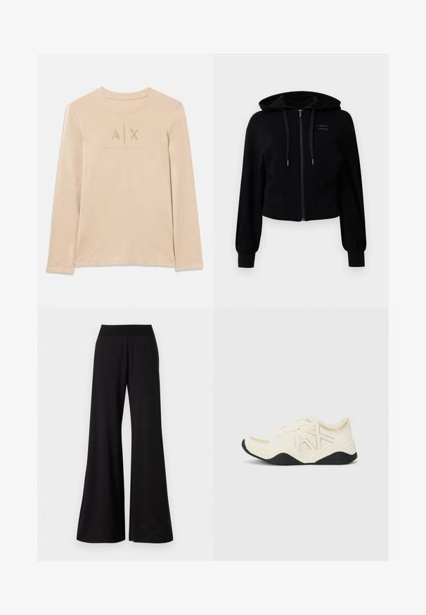 Kifinomult fekete cipzáras kapucnis pulóver, puha anyagból készült, kapucnival, enyhén rövidített fazonnal, ribbelt mandzsettákkal és logós részletekkel.; Hosszú ujjú, világos bézs ing sima anyagból, A|X logóval ékesítve átlátszó strasszokkal és kerek gallér kialakítással.; Fekete, bő szárú nadrág sima anyagból, magas, rugalmas derékkal. A nadrág teljes hosszúságú, és egyszerű, minta nélküli dizájnnal rendelkezik.; Fehér sneaker texturált felsőrésszel, arany kiegészítőkkel és logóval. Fekete talppal és fűzős záródással rendelkezik a biztonságos illeszkedés érdekében.