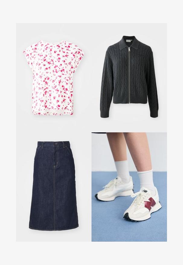 Donkergrijze ritssweater met een kabelpatroon, kraagontwerp en gebreide manchetten en zoom. Voorzien van een zilveren ritssluiting.; Witte top met een bloemenpatroon in roze tinten, korte dolmanmouwen en een losse pasvorm met een ronde halslijn. Geweven stofdetail.; Donkere spijkerrok met een hoge taille, recht gesneden, voorzakken en gestikte naden. Voorzien van een rits en knoopsluiting op de taille.; Een paar witte sneakers met bordeauxrode accenten, getextureerde panelen, een platte zwarte buitenzool en lichte veters, gedragen met witte enkelsokken.