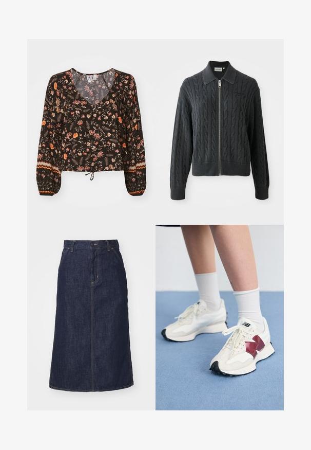 Donkergrijze ritssweater met een kabelpatroon, kraagontwerp en gebreide manchetten en zoom. Voorzien van een zilveren ritssluiting.; Zwarte bloes met bloemenprint, een V-hals, lange volumineuze mouwen en gathered manchetten. Heeft kleurrijke patronen en een knoopdetail aan de onderkant voor een cropped look.; Donkere spijkerrok met een hoge taille, recht gesneden, voorzakken en gestikte naden. Voorzien van een rits en knoopsluiting op de taille.; Een paar witte sneakers met bordeauxrode accenten, getextureerde panelen, een platte zwarte buitenzool en lichte veters, gedragen met witte enkelsokken.