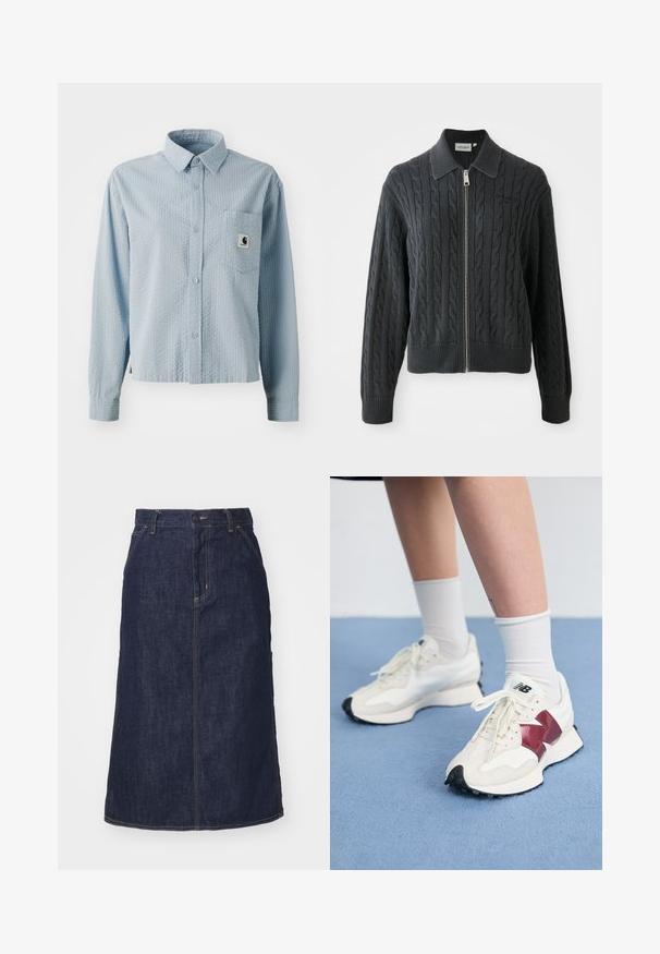 Tummanharmaa vetoketjullinen neulepaita, jossa on sekoituspuuvillasta ja akryylista valmistettu letitetty kuvio, kauluksellinen muotoilu sekä resorit hihoissa ja helmassa. Varustettu hopeanvärisellä vetoketjulla.; Vaaleansininen, pitkähihainen nappipaita, jossa on teksturoitu kuvio, rintatasku ja merkkilogo taskussa. Valmistettu kudotusta kankaasta.; Tummansininen farkkuhame, jossa on korkea vyötärö, suora leikkaus, etutaskut ja ommellut saumat. Hameessa on vetoketju- ja nappikiinnitys vyötäröllä.; Pari valkoisia tennareita, joissa on maroon-väriset yksityiskohdat, teksturoituja paneleita, litteä musta pohja ja vaaleat nauhat, käytettyinä valkoisten nilkkasukkien kanssa.