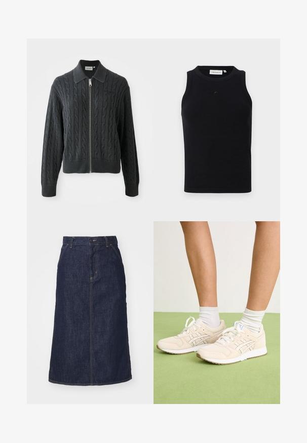 Dark gray zip-up sweater with a cable knit pattern, collared design, and ribbed cuffs and hem. Features a silver zipper closure.; Black sleeveless tank top made of ribbed fabric, featuring a round neckline and a small logo on the front. Simple, fitted design.; Dark denim skirt with a high waist, straight cut, front pockets, and stitched seams. Features a zip and button closure at the waist.; Beige athletic shoes with textured suede and mesh upper, white laces, contrasting logo accents, and rubber soles, worn with white ankle socks.