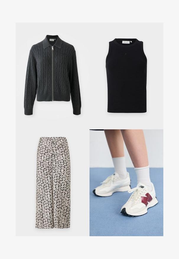Gilet zippé gris foncé avec un motif en maille torsadée, un col et des poignets et un ourlet côtelés. Il dispose d'une fermeture éclair argentée.; Débardeur noir sans manches en tissu côtelé, avec un col rond et un petit logo à l'avant. Design simple et ajusté.; Pantalons larges floraux avec un fond noir orné de marguerites blanches et d'accents rouges, fabriqués en tissu léger avec une texture lisse.; Une paire de baskets blanches avec des accents bordeaux, des panneaux texturés, une semelle noire plate et des lacets légers, portées avec des chaussettes blanches mi-mollet.