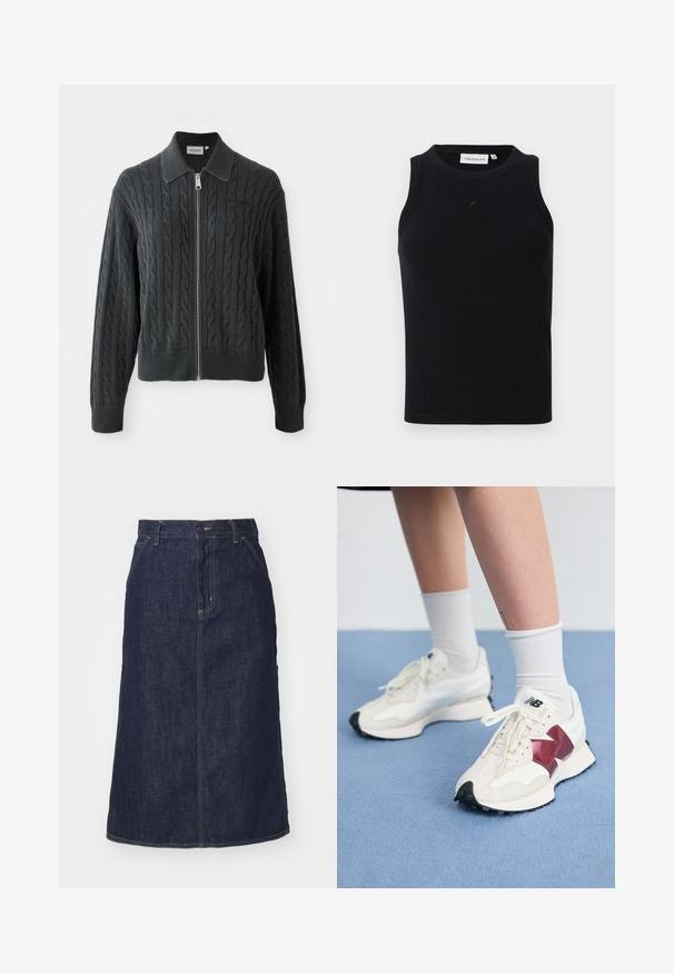 Gilet zippé gris foncé avec un motif en maille torsadée, un col et des poignets et un ourlet côtelés. Il dispose d'une fermeture éclair argentée.; Débardeur noir sans manches en tissu côtelé, avec un col rond et un petit logo à l'avant. Design simple et ajusté.; Jupe en denim foncé à taille haute, coupe droite, poches avant et coutures surpiquées. Fermeture à glissière et bouton à la taille.; Une paire de baskets blanches avec des accents bordeaux, des panneaux texturés, une semelle noire plate et des lacets légers, portées avec des chaussettes blanches mi-mollet.