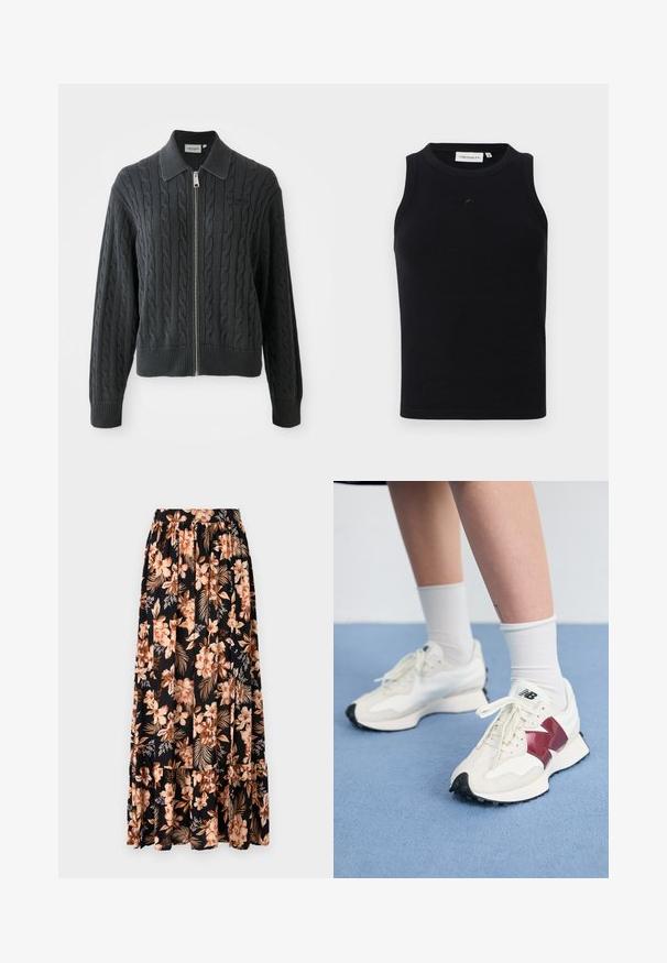 Maglione zip-up grigio scuro con motivo a treccia, design con colletto e polsini e orlo a coste. Presenta una chiusura con zip argentata.; Top senza maniche nero realizzato in tessuto ribbed, con scollatura rotonda e un piccolo logo sul davanti. Design semplice e aderente.; Gonna maxi nera con fiori pesco e crema e foglie verdi. Presenta una vita arricciata e un orlo a volant per un tocco di texture in più.; Paio di sneakers bianche con accenti bordeaux, pannelli testurizzati, suola piatta nera e lacci leggeri, indossati con calzini bianchi alla caviglia.