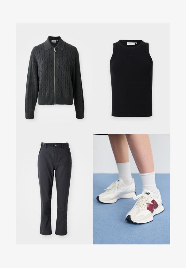 Ciemnoszara bluza na zamek błyskawiczny z wzorem w warkocz, z kołnierzykiem oraz ściągaczami przy mankietach i u dołu. Posiada srebrny zamek błyskawiczny.; Czarna bezrękawnikowa bluzka wykonana z ribbowanej tkaniny, z okrągłym dekoltem i małym logo z przodu. Prosty, dopasowany krój.; Columbia LEADER CREST™  czarny; Para białych sneakersów z bordowymi akcentami, teksturowanymi panelami, płaską czarną podeszwą i jasnymi sznurowadłami, noszonych z białymi skarpetkami do kostek.