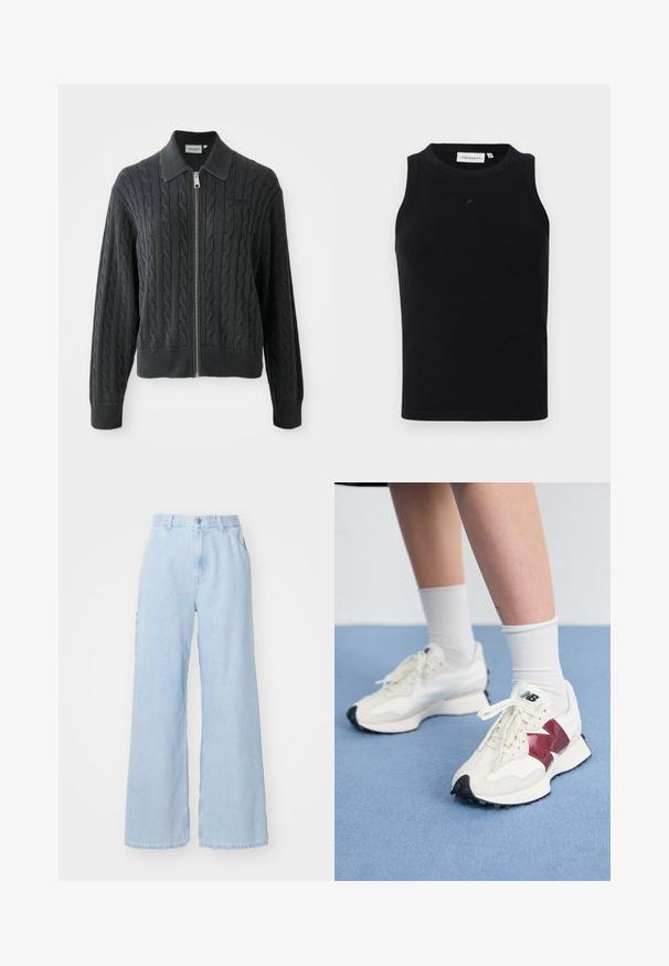Tmavě šedá svetr na zip s kardanovým vzorem, límcovým designem a žebrovanými manžetami a spodním lemem. Obsahuje stříbrný zip.; Černý bezrukávový top z žebrované tkaniny s kulatým výstřihem a malým logem na přední straně. Jednoduchý, přiléhavý design.; Světle modré kalhoty s širokými nohavicemi vyrobené z denimu, s předními kapsami, poutky na opasek a zapínáním na knoflík. Hladká textura a čisté provedení.; Pár bílých tenisek s vínovými akcenty, texturovanými panely, plochou černou podrážkou a světlými tkaničkami, nošené s bílými kotníkovými ponožkami.