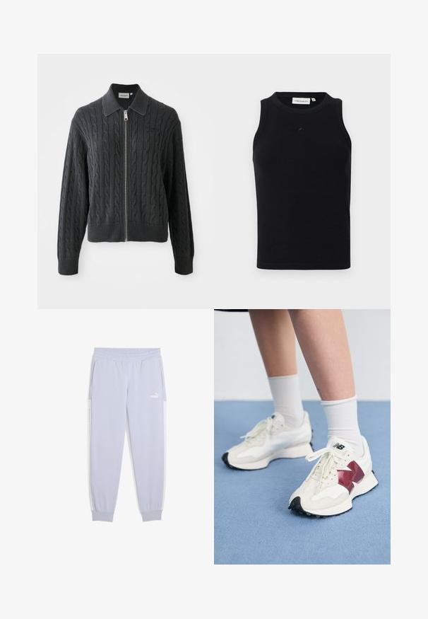 Temno siv pulover na zadrgo s vzorcem pletenice, ovratnim dizajnom ter rebrastimi manšetami in robom. Zadrga je srebrne barve.; Črn brezrokavnik iz ribane tkanine, z okroglo odprtino za vrat in majhnim logotipom na sprednji strani. Preprost, prilegajoč se dizajn.; Svetlo vijoličaste hlače za prosti čas, izdelane iz mehkega materiala, z obrobnim pasom, stranskimi žepi in belimi črtami.; Par belih športnih copat z maroon detajli, teksturiranimi paneli, ravnim črnim podplatom in svetlim vezalkami, obutih z belimi gležnjarji.