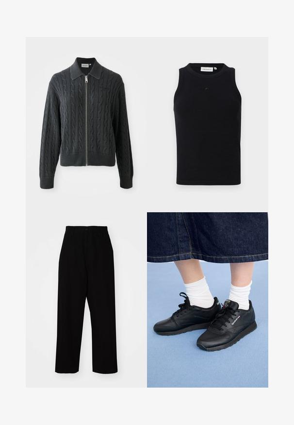 Dunkelgrauer Reißverschluss-Pullover mit einem Zopfmuster, kragenförmigem Design und gerippten Bündchen und Saum. Verfügt über einen silbernen Reißverschluss.; Schwarzes, ärmelloses Tanktop aus geripptem Stoff, mit rundem Halsausschnitt und kleinem Logo auf der Vorderseite. Einfaches, figurschmeichelndes Design.; Schwarze Hosen aus robustem Baumwollstoff. Sie verfügen über ein gerades Bein-Design, Gürtelschlaufen, einen Knopfverschluss und einen sauberen Saum.; Schwarze Sportsneaker aus Leder mit Schnürung, strukturiertem Sohlenprofil und Branding an der Seite, getragen mit weißen Socken und einem Jeansrock.
