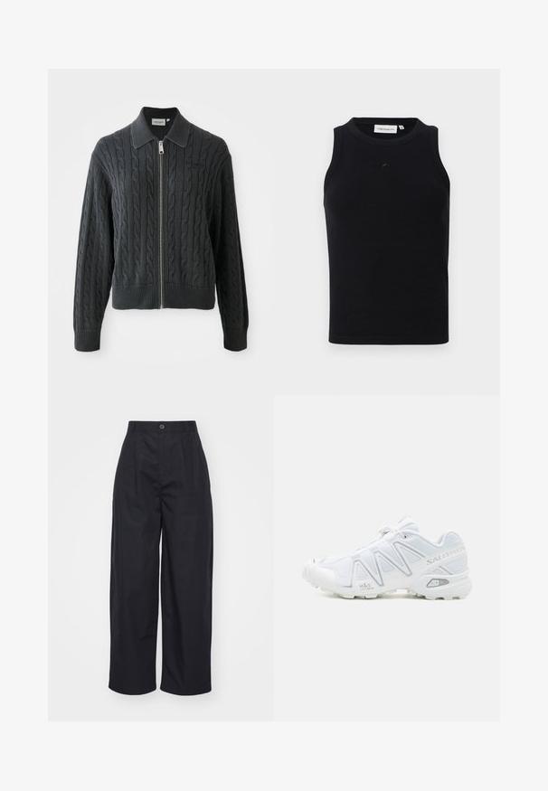 Mørkegrå hettejakke med glidelås og kabelstrikk mønster, krage-design og ribbede mansjetter og kant. Har en sølv glidelås lukking.; Svart ermeløs tanktop laget av ribbestrikket stoff, med rund hals og en liten logo på fronten. Enkel, tettsittende design.; Svarte bredbenede bukser laget av bomull. Har høy midje med knappelukking og en jevn tekstur. Ingen synlige mønstre eller detaljer.; Hvit løpesko med mesh-overdel, reflekterende detaljer og gummisåle. Har snøringssystem og merkevarelogo på siden og tungen.