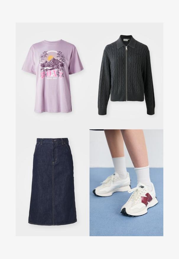 Dark gray zip-up sweater with a cable knit pattern, collared design, and ribbed cuffs and hem. Features a silver zipper closure.; Lilac T-shirt made of cotton, featuring a graphic of mountains, sun, and foliage. The brand name "ROXY" is prominently displayed in pink.; Dark denim skirt with a high waist, straight cut, front pockets, and stitched seams. Features a zip and button closure at the waist.; Pair of white sneakers with maroon accents, textured panels, flat black outsole, and light laces, worn with white ankle socks.
