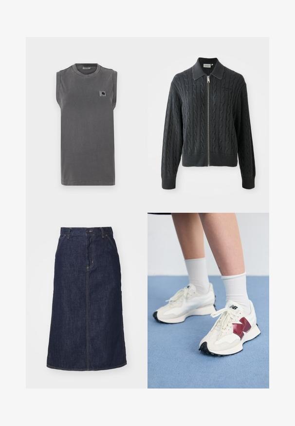 Maglione zip-up grigio scuro con motivo a treccia, design con colletto e polsini e orlo a coste. Presenta una chiusura con zip argentata.; Maglietta senza maniche grigia realizzata in tessuto misto cotone. Presenta un colletto tondo e un piccolo patch con logo sulla parte sinistra del petto.; Gonna di jeans scuro con vita alta, taglio dritto, tasche frontali e cuciture a vista. Presenta una chiusura con zip e bottone in vita.; Paio di sneakers bianche con accenti bordeaux, pannelli testurizzati, suola piatta nera e lacci leggeri, indossati con calzini bianchi alla caviglia.