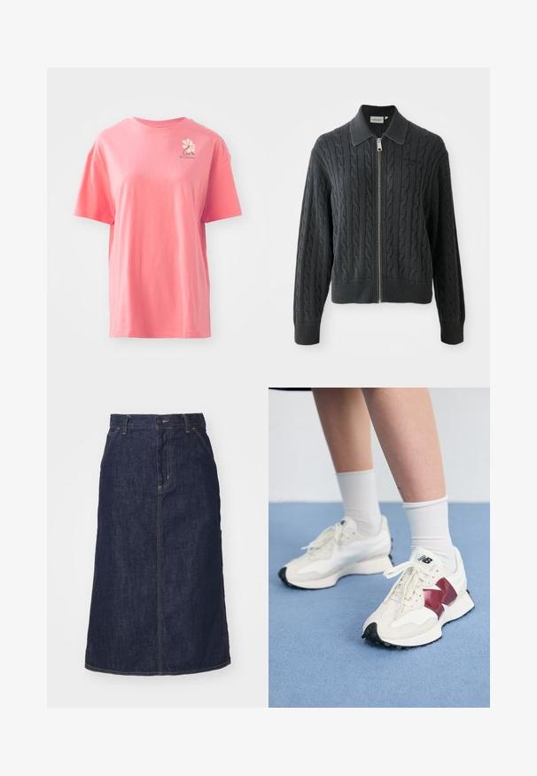 Tummanharmaa vetoketjullinen neulepaita, jossa on sekoituspuuvillasta ja akryylista valmistettu letitetty kuvio, kauluksellinen muotoilu sekä resorit hihoissa ja helmassa. Varustettu hopeanvärisellä vetoketjulla.; Lyhythihainen, korallinpinkki t-paita, joka on valmistettu puuvillasta ja jossa on pyöreä kaula-aukko. Paitassa on pieni valkoinen logo vasemmassa ylärintataskussa.; Tummansininen farkkuhame, jossa on korkea vyötärö, suora leikkaus, etutaskut ja ommellut saumat. Hameessa on vetoketju- ja nappikiinnitys vyötäröllä.; Pari valkoisia tennareita, joissa on maroon-väriset yksityiskohdat, teksturoituja paneleita, litteä musta pohja ja vaaleat nauhat, käytettyinä valkoisten nilkkasukkien kanssa.