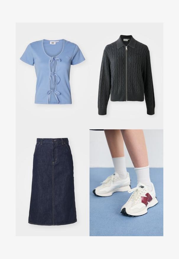 Tumehall hallitaveta kõrge kaelusega sviiter, millel on lõngas õmmeldud muster ja soonikkudumine varrukatel ning allääril. Tootel on hõbedane tõmblukk.; Helehelge sinine ribakreemiga T-särk lühikeste varrukatega, sügava V-kaelusega ja eesreguleeritavate nööpidega. Brändi nimi on tikitud rinnaosasse.; Tume denim.seelik kõrge vöökoha, sirge lõike, esikottide ja õmmeldud õmblustega. Vöökoht on varustatud luku ja nööbiga.; Valge tenniste paar marooni aktsentide, tekstuuriliste paneelide, lame musta tallaga ja heleda nööriga, kantud valgete pahkl sockidega.