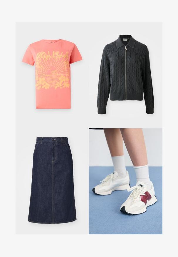 Mørkegrå lynlåstrøje med kabelstrikket mønster, krave-design og ribkantede manchetter og kant. Har en sølv lynlås lukning.; Koralfarvet t-shirt med korte ærmer, der har et gult grafisk design med sol, bølger og blomster. Lavet af bomuld. Klassisk pasform.; Mørk denimnederdel med høj talje, lige skæring, forlommer og stikninger. Har lynlås og knaplukning i taljen.; Et par hvide sneakers med maroon detaljer, strukturerede paneler, flad sort sål og lyse snørebånd, båret med hvide ankelstrømper.