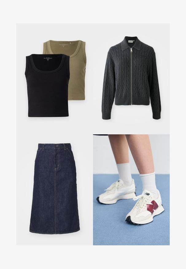 Tmavě šedá svetr na zip s kardanovým vzorem, límcovým designem a žebrovanými manžetami a spodním lemem. Obsahuje stříbrný zip.; Černé a olivově zelené žebrákové tílka s širokými ramínky a kulatým výstřihem, se soft texturou a přiléhavým střihem.; Tmavě modrá džínová sukně s vysokým pasem, rovného střihu, předními kapsami a prošitými švy. Disponuje zipem a knoflíkem na zapínání v pase.; Pár bílých tenisek s vínovými akcenty, texturovanými panely, plochou černou podrážkou a světlými tkaničkami, nošené s bílými kotníkovými ponožkami.