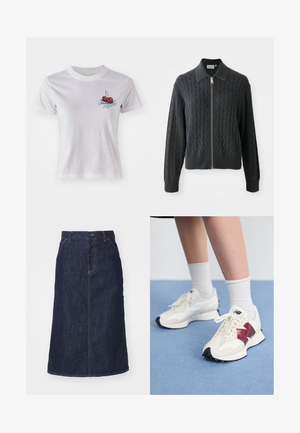 Sudadera con cremallera de color gris oscuro, con un patrón de punto de cable, diseño con cuello y puños y dobladillo acanalados. Presenta un cierre de cremallera plateada.; Camiseta de algodón blanca con un gráfico de cereza y el texto "Conchita WIP" en azul. Diseño de mangas cortas y cuello redondo.; Falda de mezclilla oscura con cintura alta, corte recto, bolsillos delanteros y costuras cosidas. Presenta un cierre de cremallera y botón en la cintura.; Un par de zapatillas blancas con acentos en color burdeos, paneles texturizados, suela negra plana y cordones claros, llevadas con calcetines blancos hasta el tobillo.