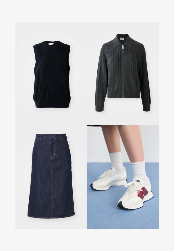 Tumši pelēks jaku ar rāvējslēdzēju, ar kabelveida adījumu, apkakles dizainu un ribotiem piedurknēm un apakšmalu. Iespēja ar sudraba rāvējslēdzēja aizdari.; Kleita bez piedurknēm tumši zilā krāsā ar teksturētu šaha rakstu. Ar apaļu kakla izgriezumu un elastīgu apakšmalu. Izgatavota no elastīga auduma.; Tumša zila džinsu svārku ar augstu jostasvietu, taisnu piegriezumu, priekšējām kabatām un šuvēm. Iekļauta rāvējslēdzēja un pogas aizdare jostasvietā.; Balti sporta apavi ar tumši sarkaniem akcentiem, teksturētām detaļām, plakanu melnu zoli un gaišajām šņorēm, valkāti ar baltām potīšu zeķēm.