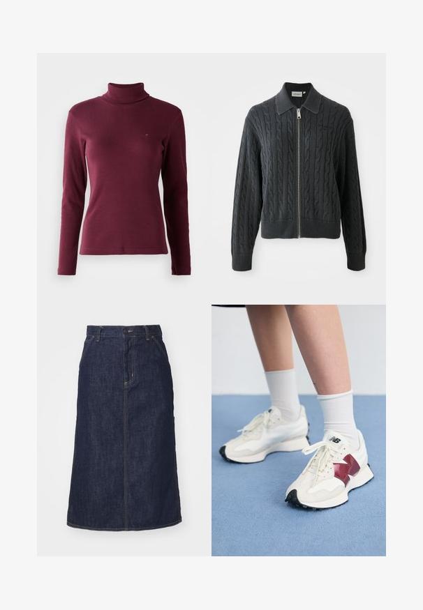 Tummanharmaa vetoketjullinen neulepaita, jossa on sekoituspuuvillasta ja akryylista valmistettu letitetty kuvio, kauluksellinen muotoilu sekä resorit hihoissa ja helmassa. Varustettu hopeanvärisellä vetoketjulla.; Bordeaux-musta pitkähihaisen pooloneuleen, joka on valmistettu ribbikankaasta, muotoiltu malli ja etupuolella pieni brodeerattu logo.; Tummansininen farkkuhame, jossa on korkea vyötärö, suora leikkaus, etutaskut ja ommellut saumat. Hameessa on vetoketju- ja nappikiinnitys vyötäröllä.; Pari valkoisia tennareita, joissa on maroon-väriset yksityiskohdat, teksturoituja paneleita, litteä musta pohja ja vaaleat nauhat, käytettyinä valkoisten nilkkasukkien kanssa.