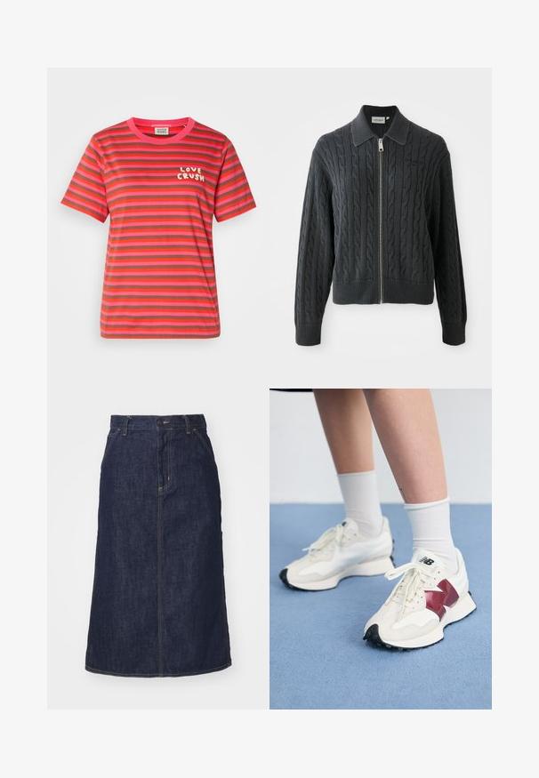 Tummanharmaa vetoketjullinen neulepaita, jossa on sekoituspuuvillasta ja akryylista valmistettu letitetty kuvio, kauluksellinen muotoilu sekä resorit hihoissa ja helmassa. Varustettu hopeanvärisellä vetoketjulla.; Lyhythihainen, pyöreäkauluksinen t-paita, jossa on vaaleanpunaisia ja ruskeita vaakaraitoja. Edessä vasemmassa rinnassa on teksti "LOVE CRUSH" valkoisella.; Tummansininen farkkuhame, jossa on korkea vyötärö, suora leikkaus, etutaskut ja ommellut saumat. Hameessa on vetoketju- ja nappikiinnitys vyötäröllä.; Pari valkoisia tennareita, joissa on maroon-väriset yksityiskohdat, teksturoituja paneleita, litteä musta pohja ja vaaleat nauhat, käytettyinä valkoisten nilkkasukkien kanssa.