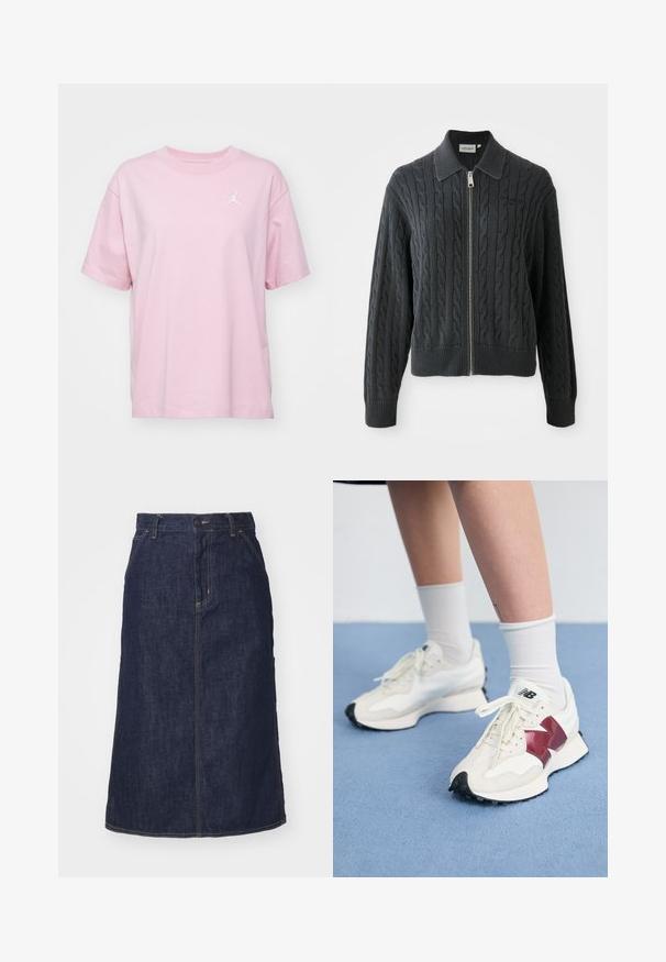 Pulover cu fermoar de culoare gri închis, cu un model tricotat în cablu, design cu guler și manșete și tiv cusut în fibră. Include o închidere cu fermoar argintiu.; Jordan TEE CORE 23 - Tricou basic - pink glaze/white; Fustă din denim închis, cu talie înaltă, croi drept, buzunare frontale și cusături. Include un fermoar și un nasture la talie.; O pereche de adidași albi cu accente vișinii, panouri texturate, talpă neagră plată și șireturi ușoare, purtați cu șosete albe până la gleznă.
