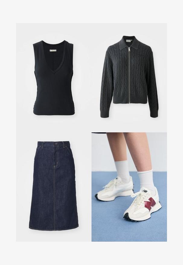 Tmavohnedý svetrový kabát so zipsom, s vzorom z pletených šnurovačiek, golierom a rebrovanými manžetami a lemom. Obsahuje strieborný zips.; Čierny rebrovaný top bez rukávov s hlbokým výstrihom do V a bočnými výrezmi. Mäkkučká textura a priliehajúci strih zvýrazňujú pohodlie.; Tmavé džínsové sukne s vysokým pásom, rovný strih, predné vrecká a prešitými švami. Obsahuje zips a gombík na uzatvorenie v páse.; Pár bielych tenisiek s bordovými akcentmi, štruktúrovanými panelmi, plochou čiernou podrážkou a svetlými šnúrkami, nosených s bielymi členkovými ponožkami.