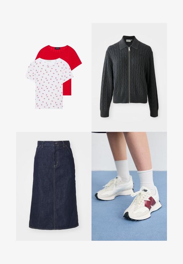 Tumši pelēks jaku ar rāvējslēdzēju, ar kabelveida adījumu, apkakles dizainu un ribotiem piedurknēm un apakšmalu. Iespēja ar sudraba rāvējslēdzēja aizdari.; Divas īsām piedurknēm T-krekli: viens sarkans ar rakstu un viens balts ar ķiršu apdruku, apaļa kakla izgriezums, kokvilnas audums.; Tumša zila džinsu svārku ar augstu jostasvietu, taisnu piegriezumu, priekšējām kabatām un šuvēm. Iekļauta rāvējslēdzēja un pogas aizdare jostasvietā.; Balti sporta apavi ar tumši sarkaniem akcentiem, teksturētām detaļām, plakanu melnu zoli un gaišajām šņorēm, valkāti ar baltām potīšu zeķēm.